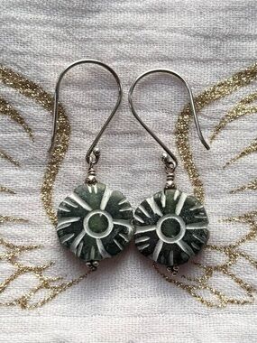 Sterling Silver Carved Green Jade Flower Drop Earrings